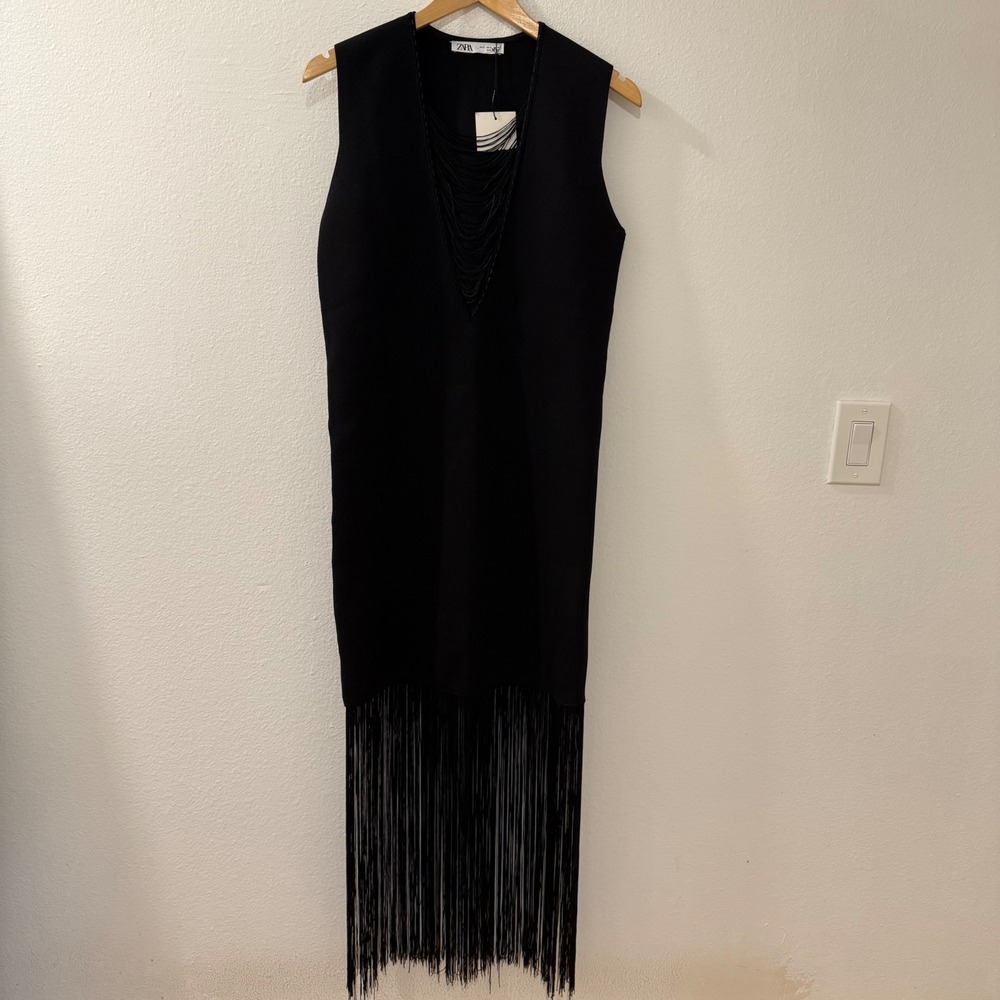 Zara Black Fringe Midi Dress Deep V Neck Knit Sleeveless Womens‎ S